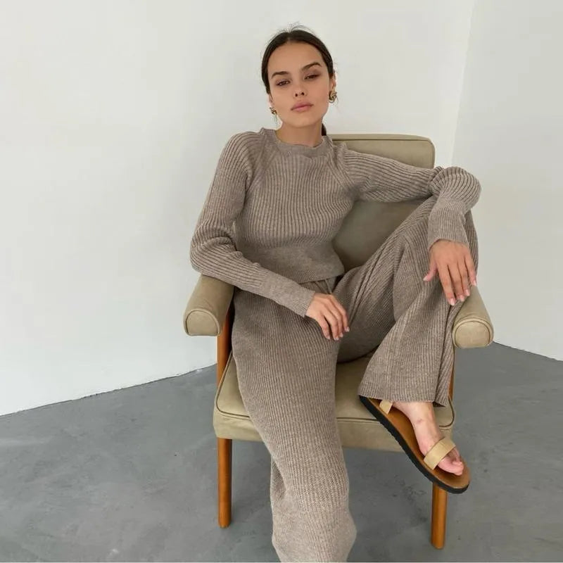 Women's Tracksuits Sweater Suits Women Solid Color Slim Pullovers Wide Leg Pants Two Piece Set Female Winter Outfits Knitted Sets For Office