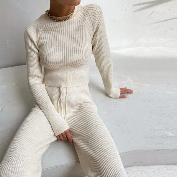 Women's Tracksuits Sweater Suits Women Solid Color Slim Pullovers Wide Leg Pants Two Piece Set Female Winter Outfits Knitted Sets For Office