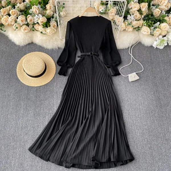 New Women Elegant Maxi Dress Spring Summer Patchwork Puff Long Sleeve Pleated Muslim Long Dresses Ladies Party Dress 220310