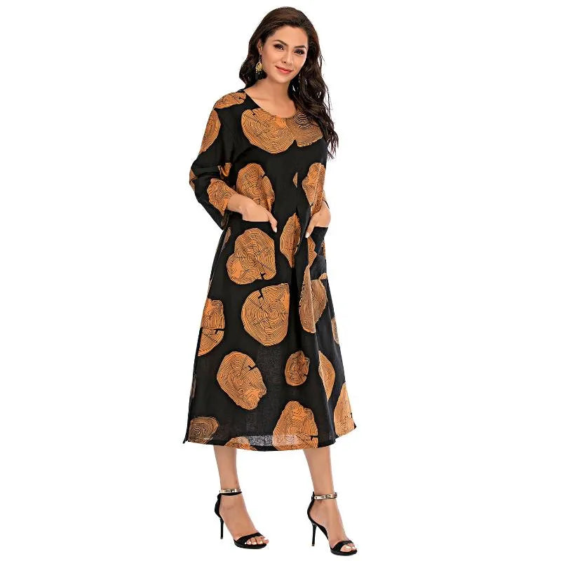 5xl Plus Size Women Cotton Linen Dress Round Neck Long Sleeve Mid-calf Length Oversized Dresses Large Size Loose Pockets Dress1