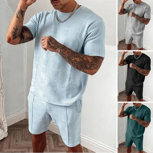 Men's Tracksuits 2022 Summer Tracksuit Men Casual Sports Set Solid Color Plaid Short Sleeved Shorts Sets Mens Fashion 2 Piece Sportswear