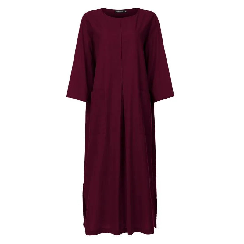 5xl Plus Size Women Cotton Linen Dress Round Neck Long Sleeve Mid-calf Length Oversized Dresses Large Size Loose Pockets Dress1