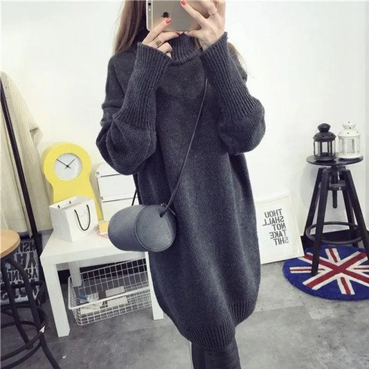 Casual Dresses 2022 Year Korean Version Thick Winter Oversized Sweater Dress Half High Collar Loose Knitted Christmas Tunics