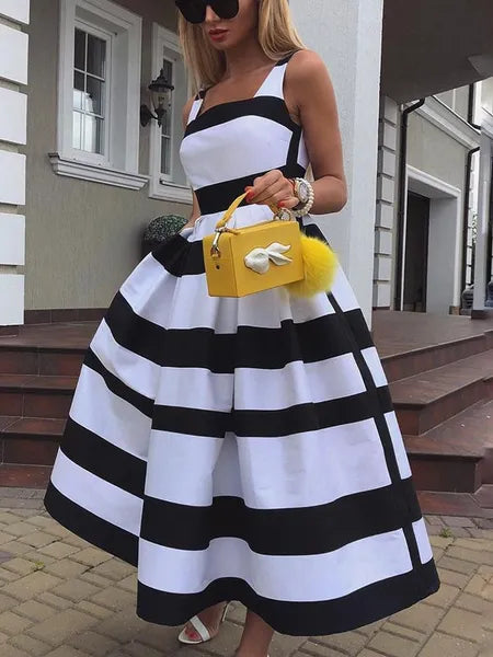 Casual Dresses Women Elegant Off Shoulder Long Party Dress Summer Striped Print Sleeveless Fashion Chic A-Line Suspender Beach