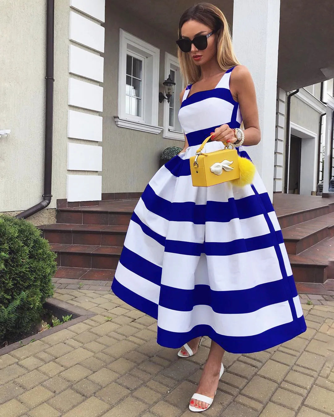 Casual Dresses Women Elegant Off Shoulder Long Party Dress Summer Striped Print Sleeveless Fashion Chic A-Line Suspender Beach