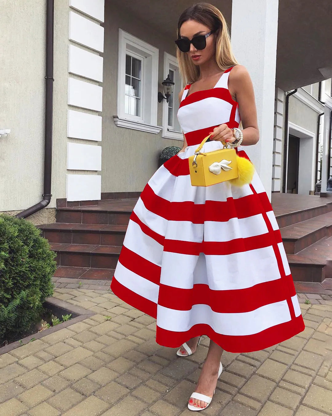 Casual Dresses Women Elegant Off Shoulder Long Party Dress Summer Striped Print Sleeveless Fashion Chic A-Line Suspender Beach