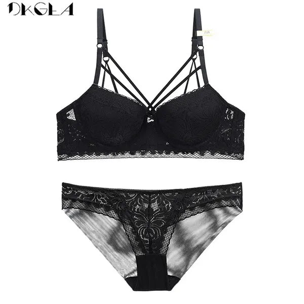 Brand Lace Brassiere Bandage Fashion Sexy Bra Set Women Lingerie Green Embroidery Bras Push Up Thick Cotton Underwear Set Black 220513