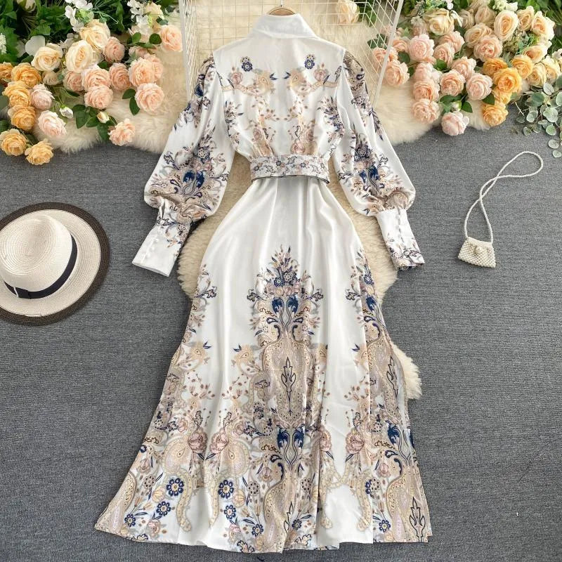 Casual Dresses 2022 Spring Women Vintage Notched Collar Puff Sleeve Long Dress Single Breasted Floral Print Court With Belt Runway