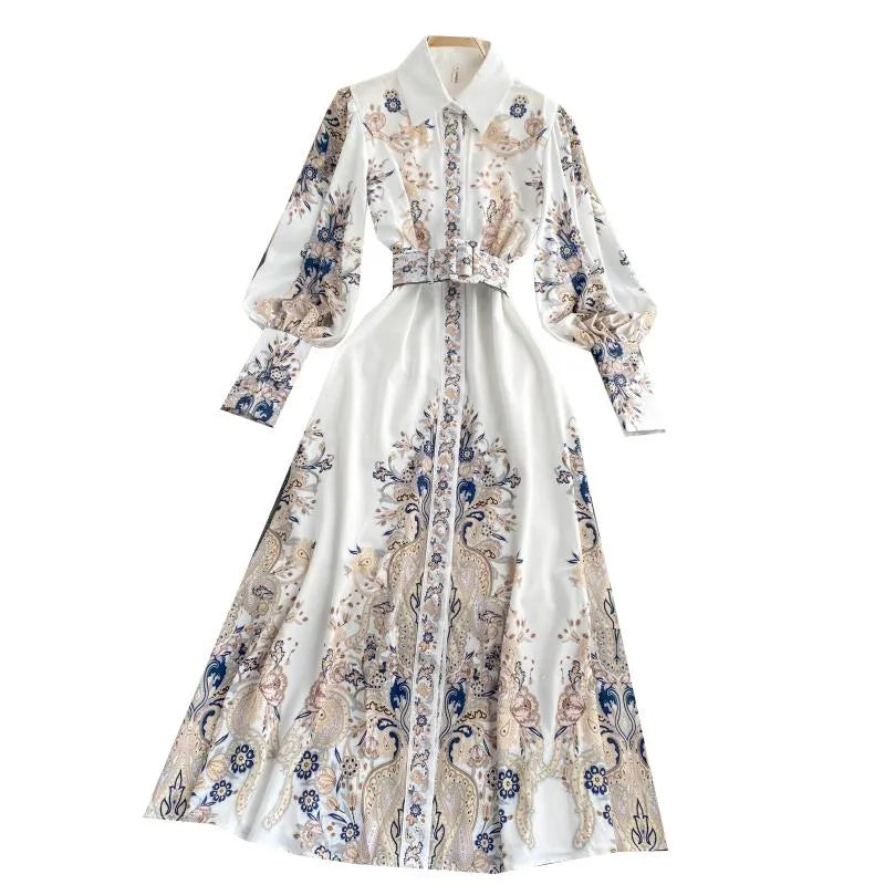 Casual Dresses 2022 Spring Women Vintage Notched Collar Puff Sleeve Long Dress Single Breasted Floral Print Court With Belt Runway