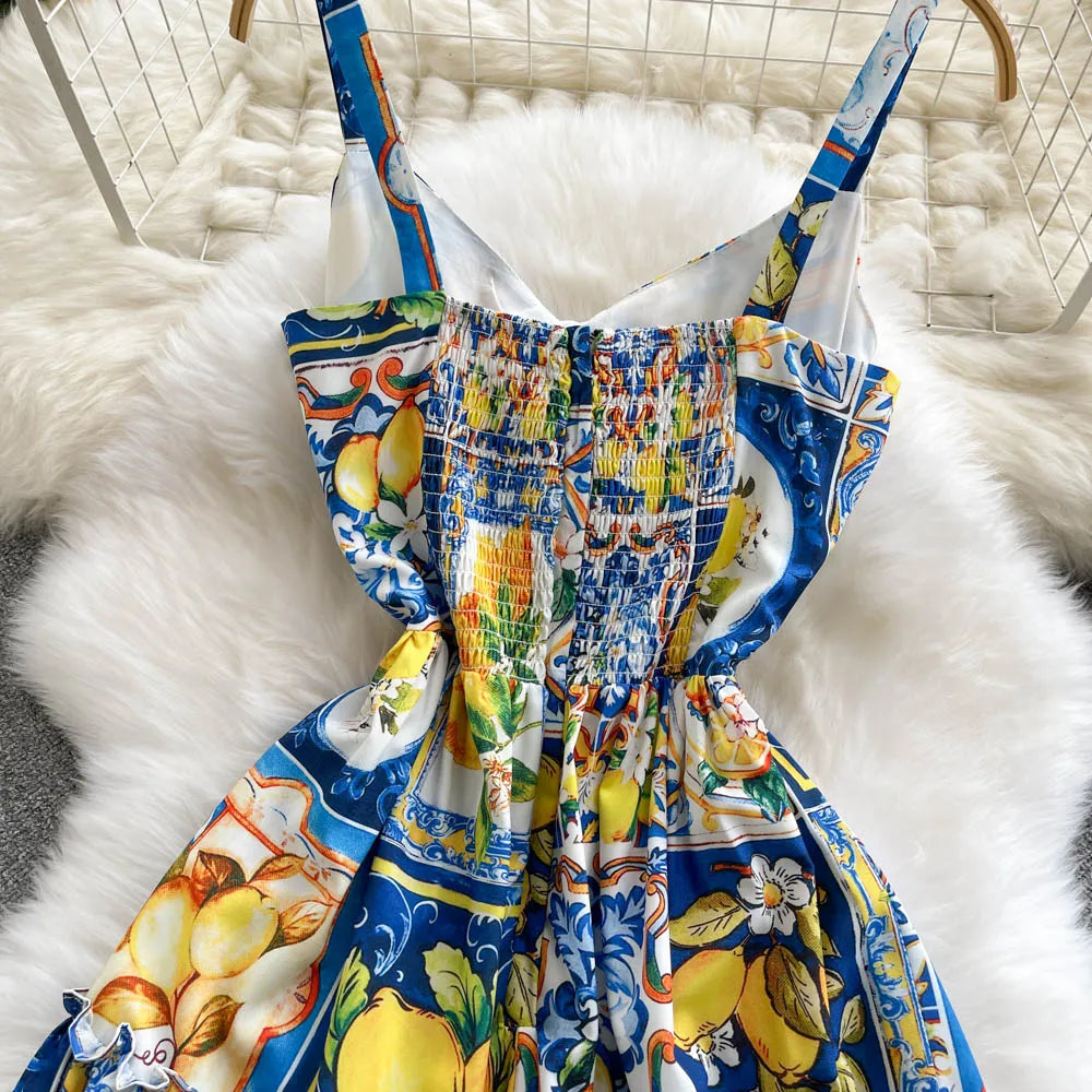 Summer Casual Dresses women 2024 Fashion Bohemian Long Dresses Vacation Elegant sexy Strap Lemon print plus size