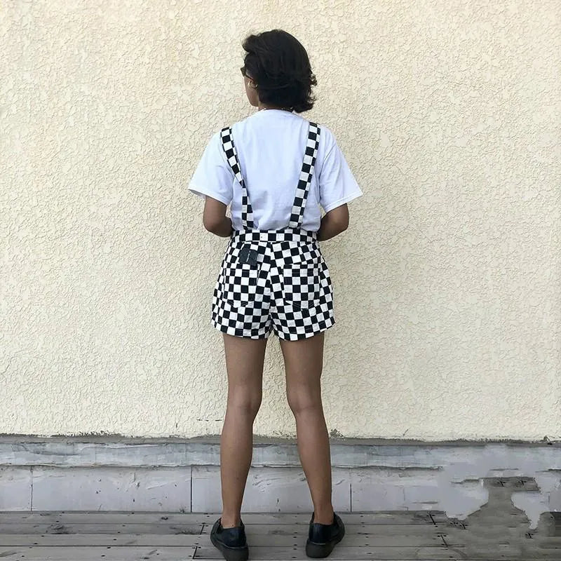 Women's Jumpsuits & Rompers Women Vintage Checkerboard Plaid Jumpsuit Suspender Overalls Straps Romper Playsuit Streetwear Casual Shorts One