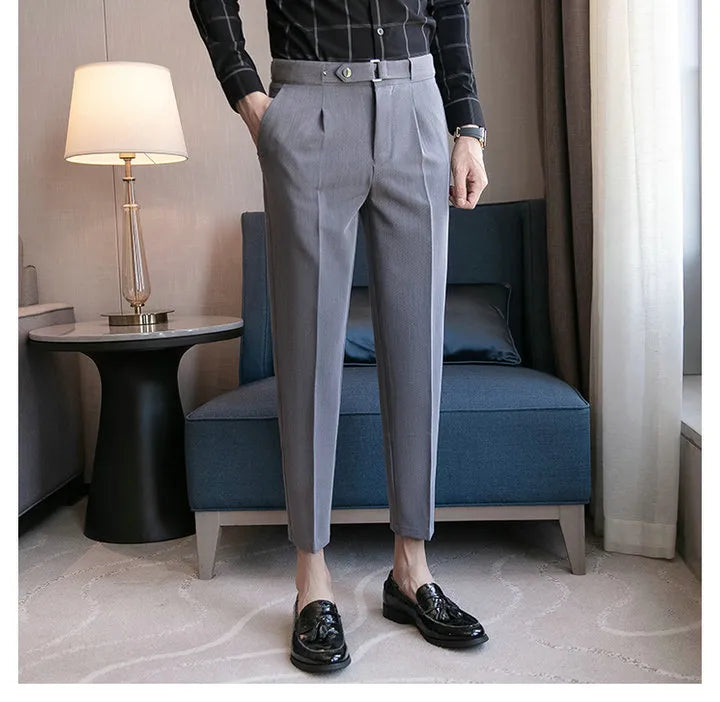 9 Part Pants For Men Pleated Pants Korean Fashion Ankle Length Streetwear Casual Pant Men's Formal Trousers Slacks Chinos New Brand