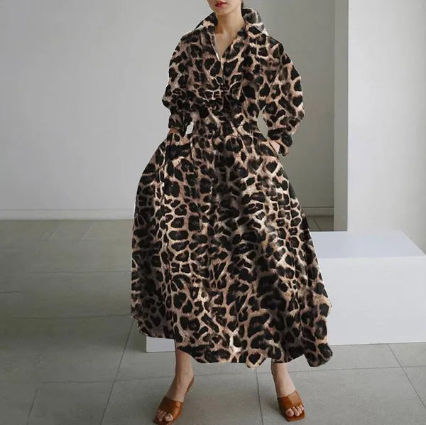 Casual Dresses Spring Autumn Woman Dress Solid Color Leopard Print A-LINE Long Sleeve V-Neck Ankle-Length DressesCasual