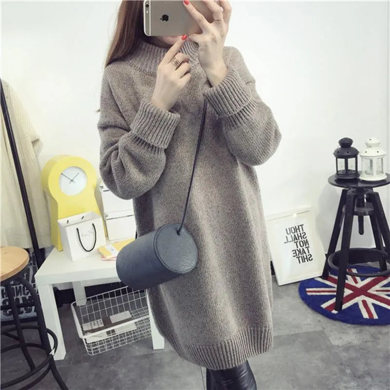 Casual Dresses 2022 Year Korean Version Thick Winter Oversized Sweater Dress Half High Collar Loose Knitted Christmas Tunics