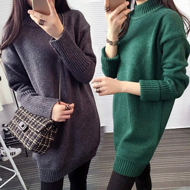 Casual Dresses 2022 Year Korean Version Thick Winter Oversized Sweater Dress Half High Collar Loose Knitted Christmas Tunics