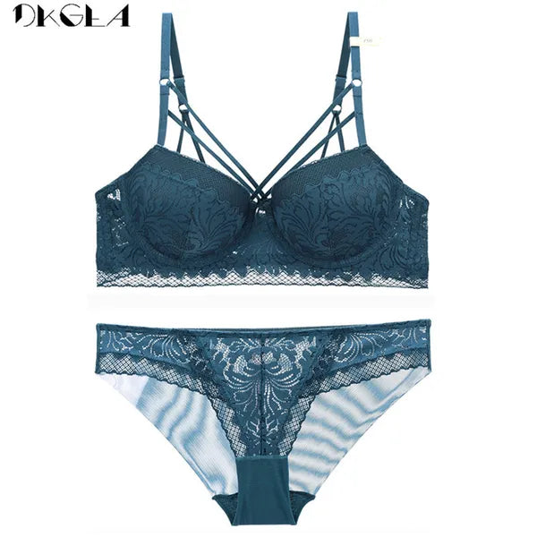 Brand Lace Brassiere Bandage Fashion Sexy Bra Set Women Lingerie Green Embroidery Bras Push Up Thick Cotton Underwear Set Black 220513