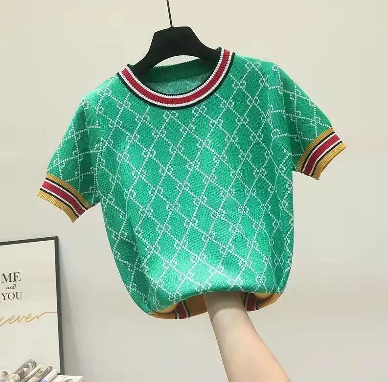 Short Sleeve Women Sweaters Summer Elegant O Neck Beading Flower Knitted Tops Female Pullover Jumper Clothes