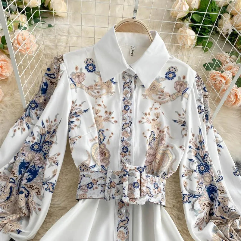 Casual Dresses 2022 Spring Women Vintage Notched Collar Puff Sleeve Long Dress Single Breasted Floral Print Court With Belt Runway