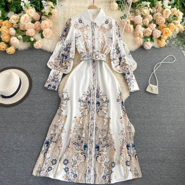 Casual Dresses 2022 Spring Women Vintage Notched Collar Puff Sleeve Long Dress Single Breasted Floral Print Court With Belt Runway