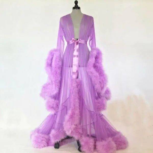 Casual Dresses Luxury Sexy Lace Night Robe Women Kimono Maxi Dress Gown Mesh Long Sleeve Fur Babydoll Party Sleepwear Nightgrown Robes