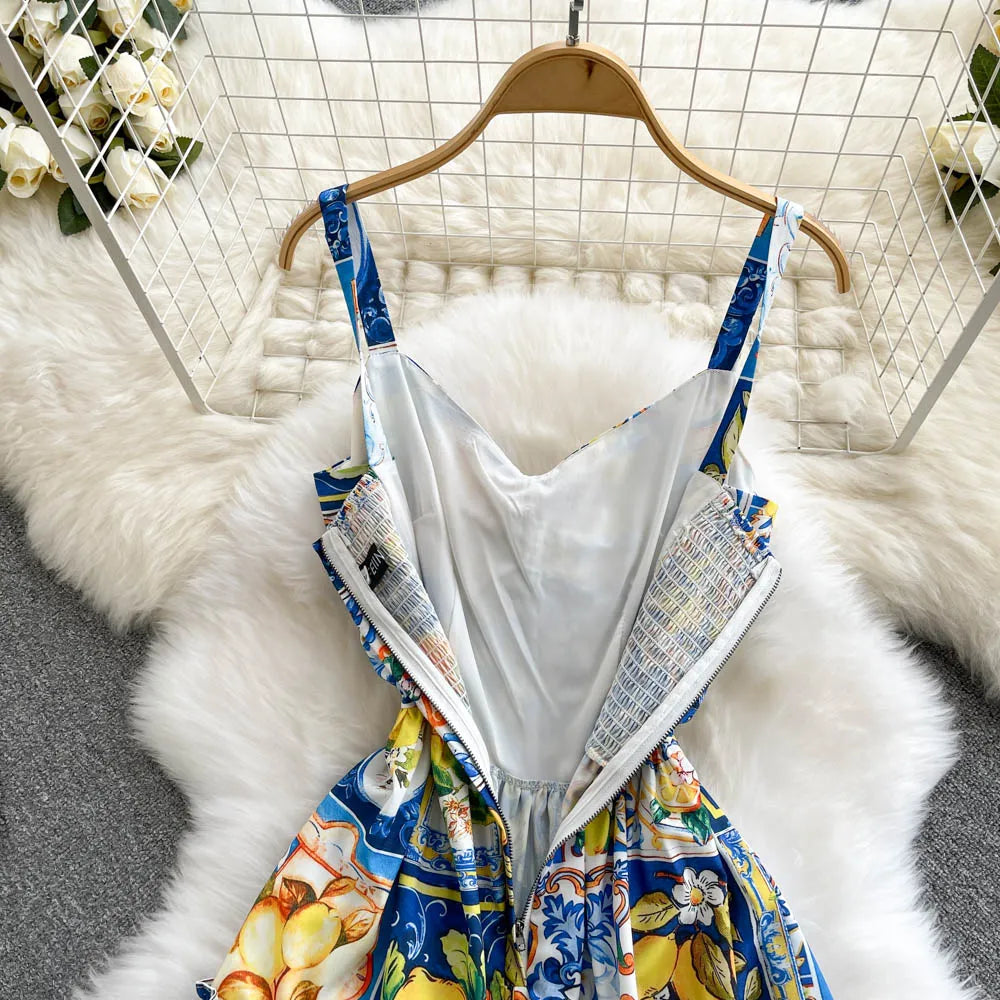 Summer Casual Dresses women 2024 Fashion Bohemian Long Dresses Vacation Elegant sexy Strap Lemon print plus size