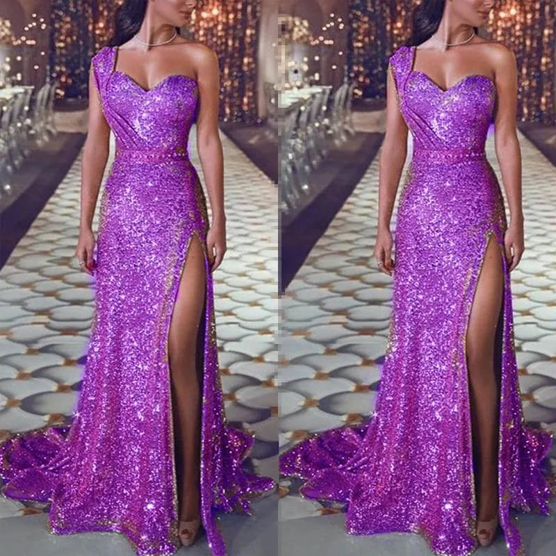 Casual Dresses Summer Sexy One Shoulder Party Dress Women Sleeveless High Slit Shiny Gowns Vestidos De Mujer Sequin Floor-Length Evening