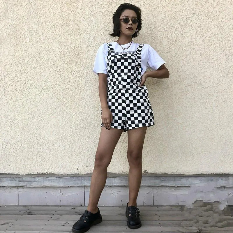 Women's Jumpsuits & Rompers Women Vintage Checkerboard Plaid Jumpsuit Suspender Overalls Straps Romper Playsuit Streetwear Casual Shorts One