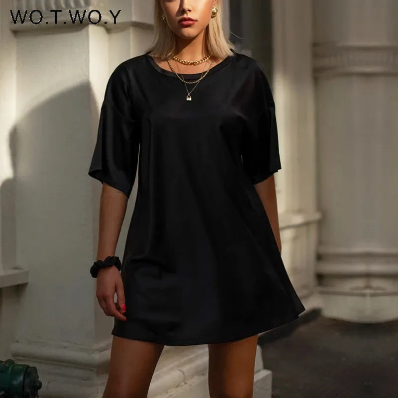 WOTWOY Oversized Satin T shirt Dress Women Summer Short Sleeve Silk Mini Dresses Female Black White Sexy Tops Robe Femme 220613