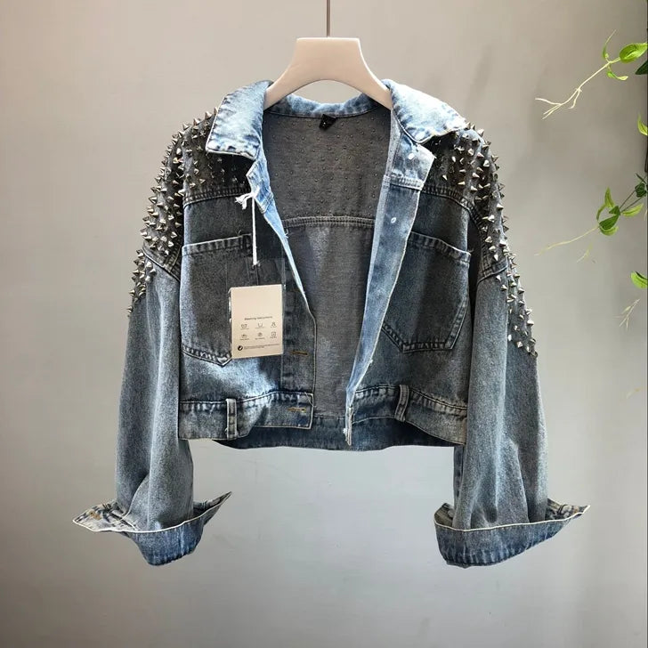 Women's Coats & Jackets Outerwear with Rivet Denim Jean Tops European 2023 Autumn New Female Nail Short Wash Jeans Jacket Girl Fashion