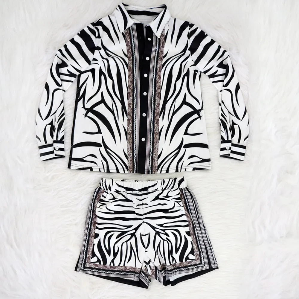 Women Two Piece Outfits Tracksuits Autumn Print 2 Piece Shorts Set Zebra Stripe Printed Long Sleeve Button Shirts Pocket Short Pant Casual Clothes S-2XL