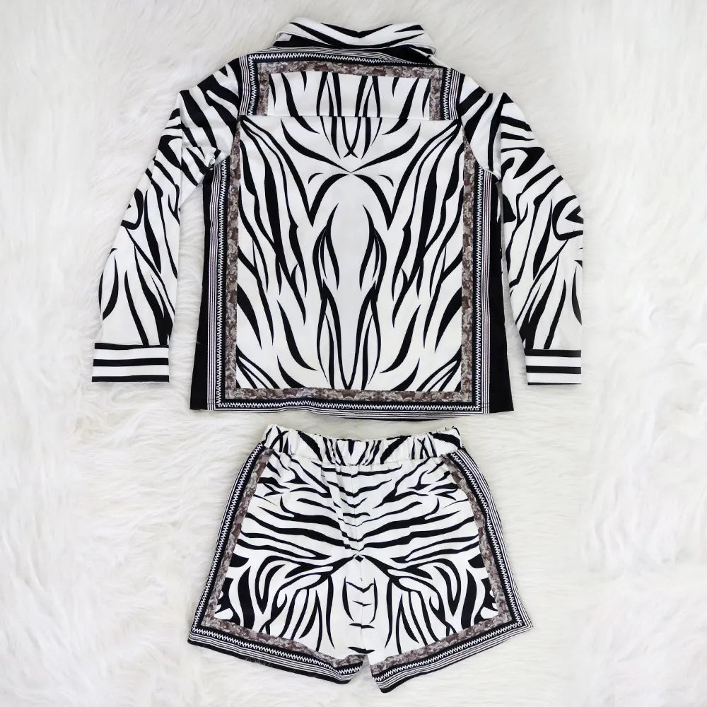 Women Two Piece Outfits Tracksuits Autumn Print 2 Piece Shorts Set Zebra Stripe Printed Long Sleeve Button Shirts Pocket Short Pant Casual Clothes S-2XL