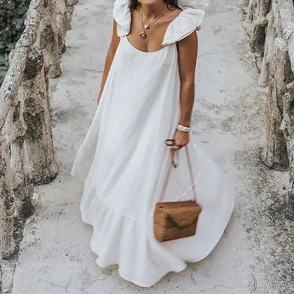 Womens Dress 2020 Summer Ruffles Sundress Women Bohemian Solid Maxi Dress Casual Loose Female Sleeveless Robe Long Vestidos Plus Size