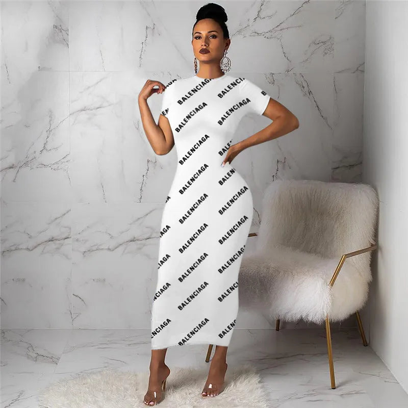 2024 Designer Dresses Summer Women Short sleeve bodycon maxi dress 2X Fashion black white panelled Print Skirt Sexy Night Club Party Wear Spring Clothes 2780-7