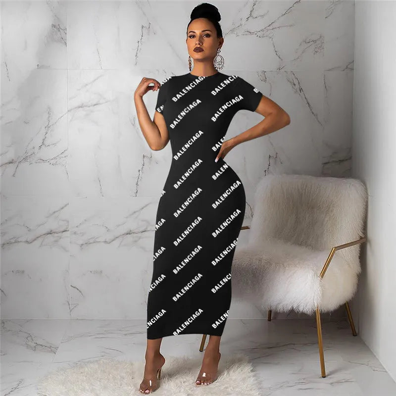 2024 Designer Dresses Summer Women Short sleeve bodycon maxi dress 2X Fashion black white panelled Print Skirt Sexy Night Club Party Wear Spring Clothes 2780-7