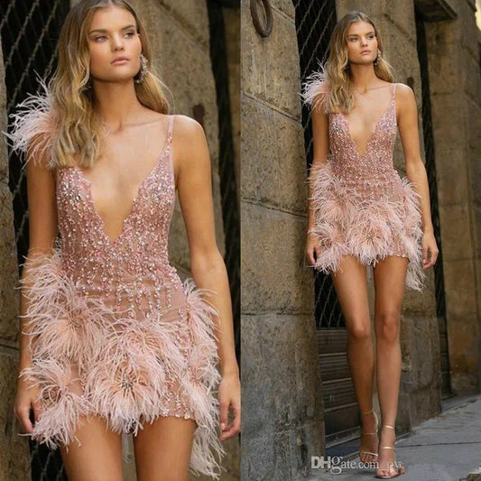 Berta Pink 2019 Short Cocktail Dresses With Feather Sparkly Beaded Deep V Neck Prom Evening Gowns Party Occasion Dress