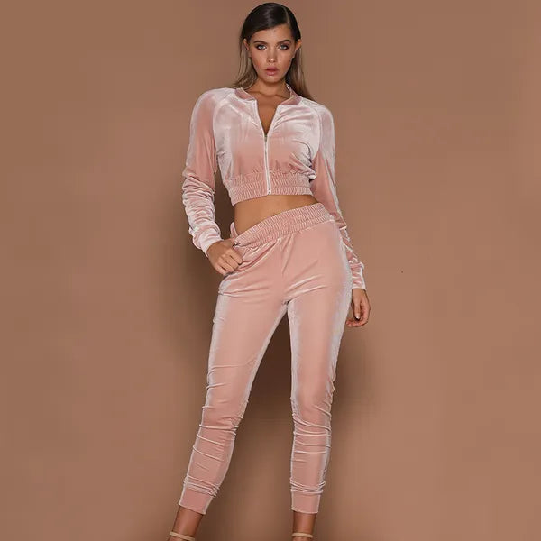 2021 Autumn Women Tracksuits Two Piece Velour Gym Outfit Long Sleeve Crop+Pant Velvet Set for Woman Sport Suit