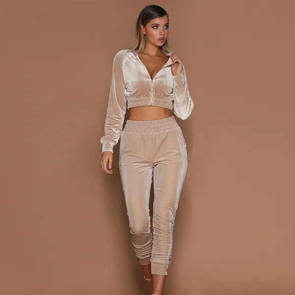 2021 Autumn Women Tracksuits Two Piece Velour Gym Outfit Long Sleeve Crop+Pant Velvet Set for Woman Sport Suit