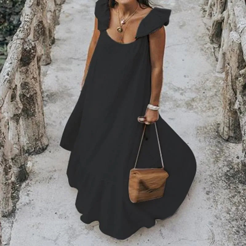 Womens Dress 2020 Summer Ruffles Sundress Women Bohemian Solid Maxi Dress Casual Loose Female Sleeveless Robe Long Vestidos Plus Size