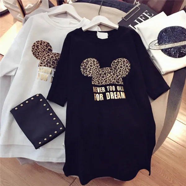 Women Designer T shirts Brand Dresses with Animal Lovely Mouse Fashion New Arrival Summer Dress for Women Short Sleeve Long Tee Dress M-XXL