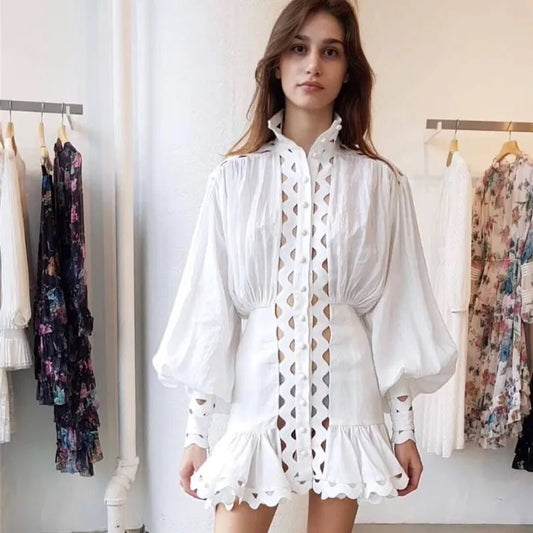 2019 Spring Elegant Women White Turtleneck Lace Mini Dress Runway Designer Hollow Out Lantern Sleeve Female Party Dress Clothes