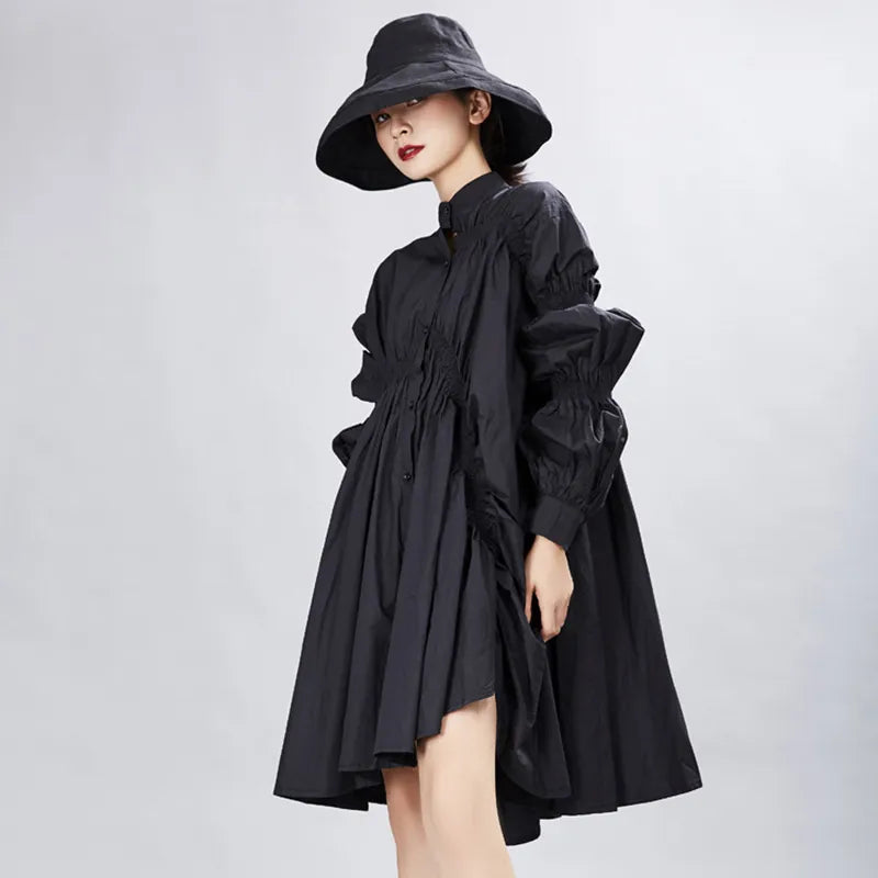 [EAM] Women Big Size Oversize Pleated Dress Stand Neck Long Lantern Sleeve Loose Fit Fashion Spring Autumn 1A331 21512