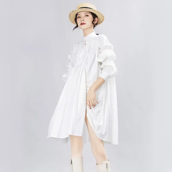 [EAM] Women Big Size Oversize Pleated Dress Stand Neck Long Lantern Sleeve Loose Fit Fashion Spring Autumn 1A331 21512