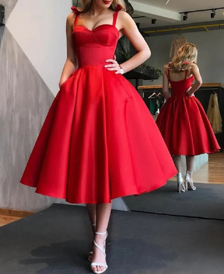 Elegant Red Short Cocktail Dresses Women Satin Party Dress Knee Length A Line Robe de Cocktail 2021 Prom Gown