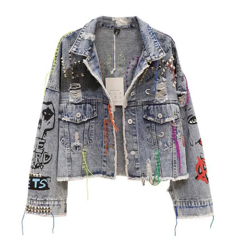 Women's Jackets Spring Autumn New Women Street Fashion Graffiti Denim Jacket Female Personality Short Raw Cut Rivet Fringe Jean Coat Y0827