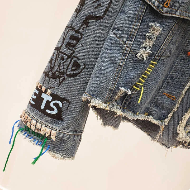 Women's Jackets Spring Autumn New Women Street Fashion Graffiti Denim Jacket Female Personality Short Raw Cut Rivet Fringe Jean Coat Y0827