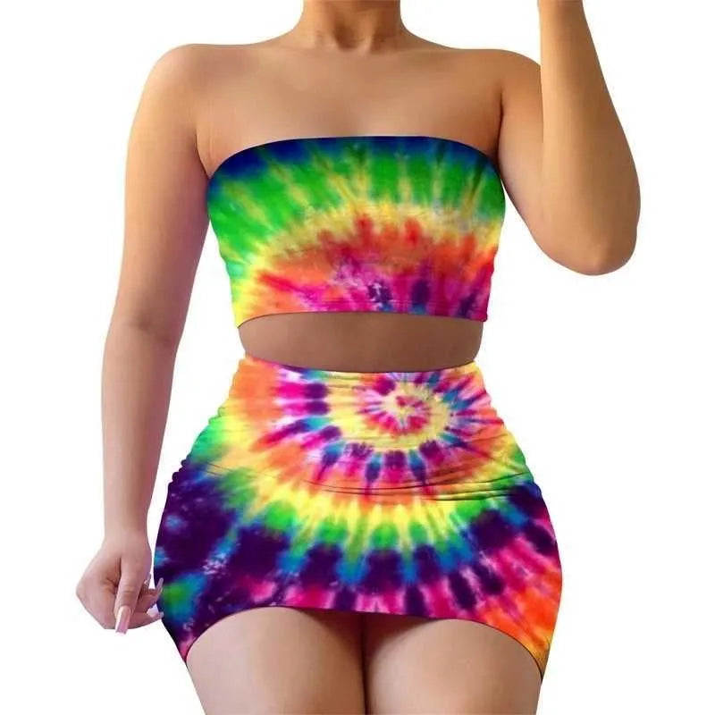 Swimsuit Bra outfits Summer Women Designer Casual Print Tie Dye Bra Skirt Two piece Sets Women Fashion Sexy Casual Clothing