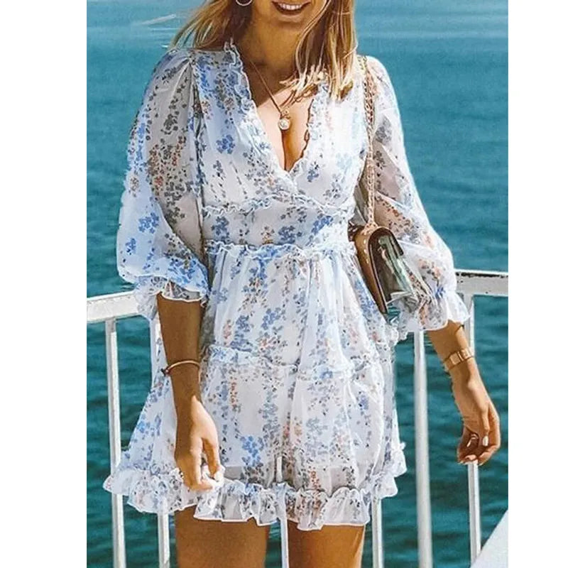 BOHO INSPIRED Harlow Floral Print Ruffle Dress backless V-neck women mini plus size ladies 2021 party 210224