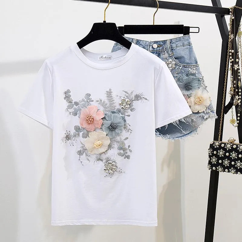 2021 Summer Women 2 Piece Sets Embroidery 3D Flower T-shirt + Denim Shorts Sets Vintage Beading Shorts