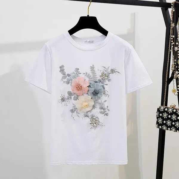 2021 Summer Women 2 Piece Sets Embroidery 3D Flower T-shirt + Denim Shorts Sets Vintage Beading Shorts