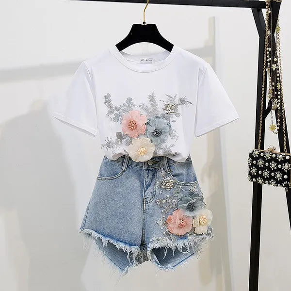 2021 Summer Women 2 Piece Sets Embroidery 3D Flower T-shirt + Denim Shorts Sets Vintage Beading Shorts